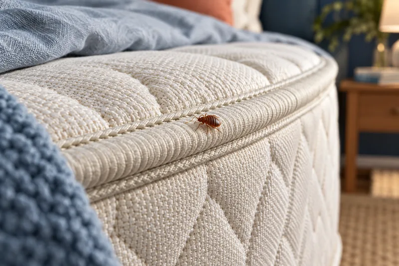 Illustrative bed bug near a mattress seam