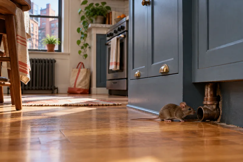 Illustrative mouse sighting beside an apartment kitchen cabinet