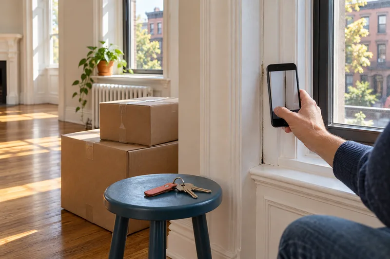 Illustrative move-in inspection beside an apartment window