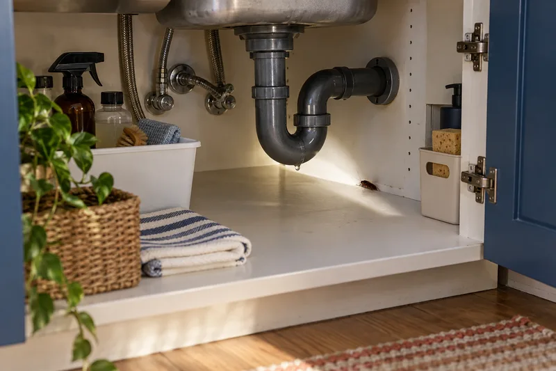 Illustrative under-sink inspection showing plumbing and a cockroach